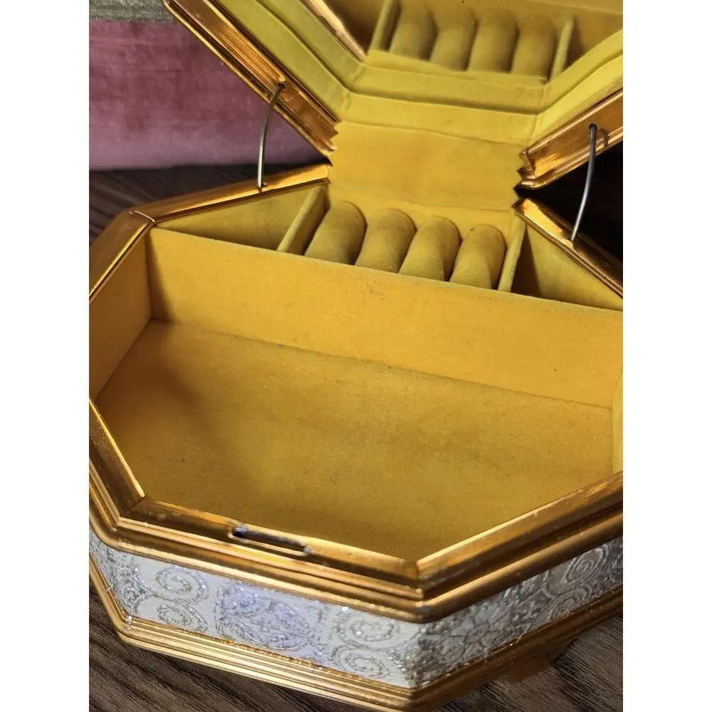 Vintage MCM Octagon Mirrored Brocade Jewelry Box - Gold Silver Threaded